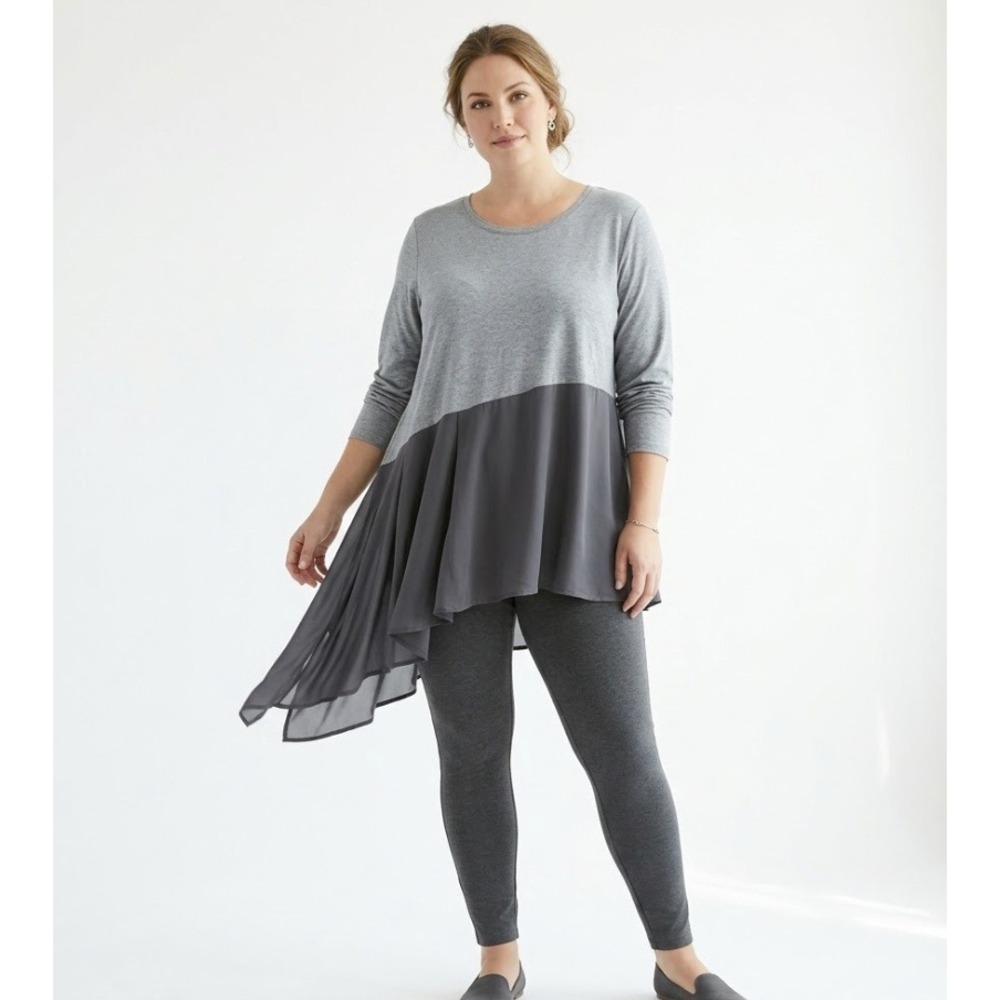 New DG2 Diane Gilman Tunic 2X Grey Asymmetrical Hem Mixed‎ Media Chiffon